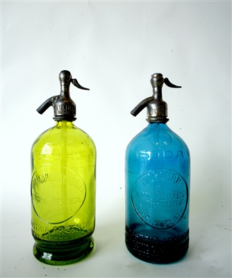 Collection XI Vintage Seltzer Bottles | The Seltzer Shop | Colored Argentine seltzer bottle - vintage seltzer pendant light - wine chiller interior design elements