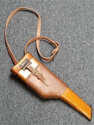C96 BROOMHANDLE MAUSER WOOD HOLSTER WITH LEATHER STRAP.