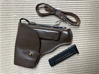 RUSSIAN MAKAROV PISTOL LEATHER HOLSTER WITH LANYARD, CLEANING ROD AND MAGAZINE.