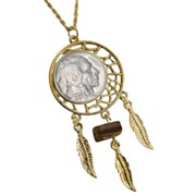 Buffalo Nickel Gold Tone Dream Catcher Pendant with Tiger Eye Stone with 24" Chain