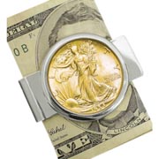 Silvertone Moneyclip with Silver Walking Liberty Half Dollar Layered in Pure Gold