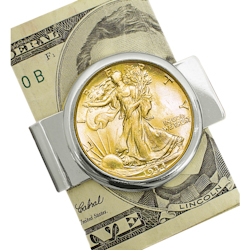 Silvertone Moneyclip with Silver Walking Liberty Half Dollar Layered in Pure Gold