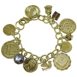 Gold-Layered Foreign Coins Charm Bracelet Coin Jewelry