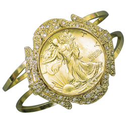 Gold-Layered Silver Walking Liberty Half Dollar Goldtone Coin Cuff Bracelet with Crystals Coin Jewelry