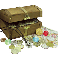 Kid's Treasure Chest with Replica Pirate Coins/Foreign Coins/Gems/Necklace Coin Jewelry