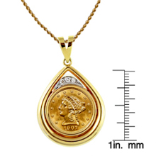 $2.50 Liberty Gold Piece Quarter Eagle Coin in 14k Gold Teardrop Pendant w/Diamonds