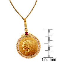 $2.50 Indian Head Gold Piece Quarter Eagle Coin in 14k Gold Twisted Rope Bezel w/Ruby