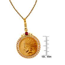 $10 Indian Head Gold Piece Eagle Coin 14k Gold Twisted Rope Bezel w/Ruby