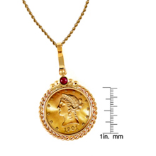 $10 Liberty Gold Piece Eagle Coin in 14k Gold Twisted Rope Bezel w/Ruby