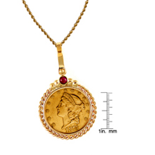$20 Liberty Gold Piece Double Eagle Coin in 14k Gold Twisted Rope Bezel w/Ruby