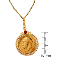King George V Gold Sovereign Coin in 14k Gold Twisted Rope Bezel w/Ruby