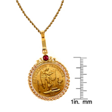 French 20 Franc Lucky Angel Gold Piece Coin in 14k Gold Twisted Rope Bezel w/Ruby