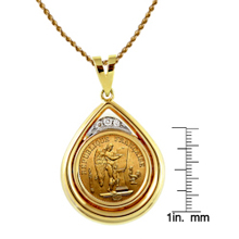 French 20 Franc Lucky Angel Gold Piece Coin in 14k Gold Teardrop Pendant w/Diamonds