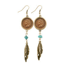 100 Year Old Indian Head Penny Feather Goldtone Earrings