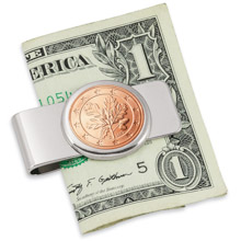 German Oak Twig Five Cent Euro Coin Silvertone Money Clip