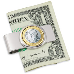 Spain King One Euro Coin Silvertone Money Clip
