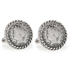 Liberty Nickel Silvertone Rope Bezel Cuff Links