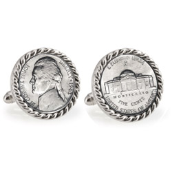 Silver Jefferson Nickel Wartime Nickel Silvertone Rope Bezel Cuff Links