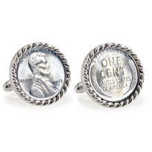 1943 Lincoln Steel Penny Silvertone Rope Bezel Cuff Links