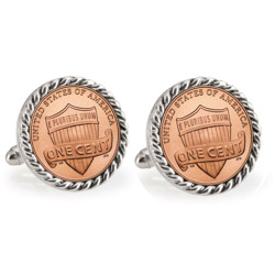 Lincoln Union Shield Penny Silvertone Rope Bezel Cuff Links