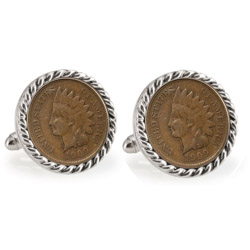 Indian Head Penny Silvertone Rope Bezel Cuff Links