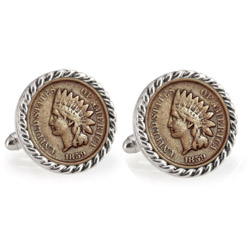 1859 First-Year-of-Issue Indian Head Penny Silvertone Rope Bezel Cuff Links