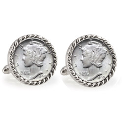 Silver Mercury Dime Silvertone Rope Bezel Cuff Links