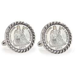 Seated Liberty Silver Dime Silvertone Rope Bezel Cuff Links