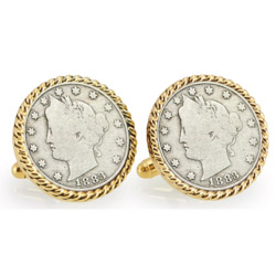 1883 First-Year-of-Issue Liberty Nickel Goldtone Rope Bezel Cuff Links