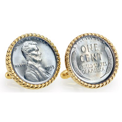 1943 Lincoln Steel Penny Goldtone Rope Bezel Cuff Links