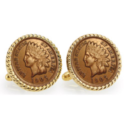 Indian Head Penny Goldtone Rope Bezel Cuff Links