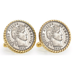 1800's Silver Barber Dime Goldtone Rope Bezel Cuff Links