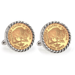 Gold-Layered 2005 Bison Nickel Silvertone Rope Bezel Cuff Links