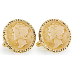 Gold-Layered Silver Mercury Dime Goldtone Rope Bezel Cuff Links