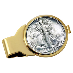 Silver Walking Liberty Half Dollar Goldtone Money Clip