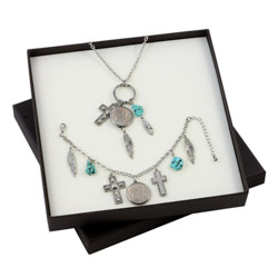Buffalo Nickel Silver Tone Cross and Feather Pendant and Bracelet Boxed Gift Set