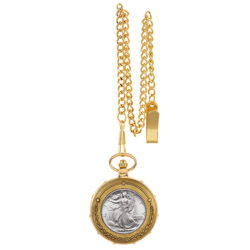 Silver Walking Liberty Half Dollar Goldtone Train Pocket Watch with Skeleton Movement