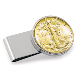 Gold-Layered Silver Walking Liberty Half Dollar Stainless Steel Silvertone Money Clip