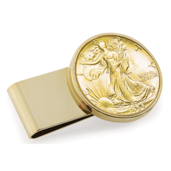 Gold-Layered Silver Walking Liberty Half Dollar Stainless Steel Goldtone Money Clip