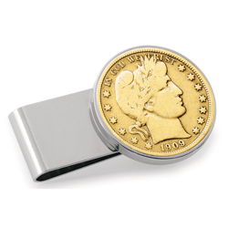 Gold-Layered Silver Barber Half Dollar Stainless Steel Silvertone Money Clip