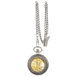 Gold-Layered Silver Walking Liberty Half Dollar Silvertone Train Pocket Watch