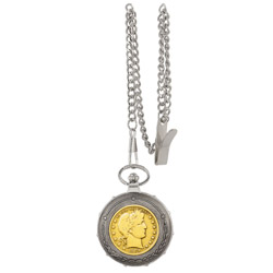 Gold-Layered Silver Barber Half Dollar Silvertone Train Pocket Watch