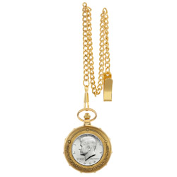 JFK 1964 First Year of Issue Half Dollar Goldtone Train Pocket Watch with Skeleton Movement