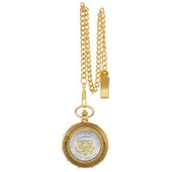 Selectively Gold-Layered Presidential Seal Half Dollar Goldtone Train Pocket Watch with Skeleton Movement