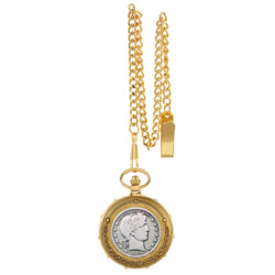 Silver Barber Half Dollar Goldtone Train Pocket Watch with Skeleton Movement