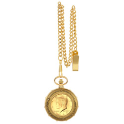 Gold-Layered JFK 1964 First Year of Issue Half Dollar Goldtone Train Pocket Watch with Skeleton Movement