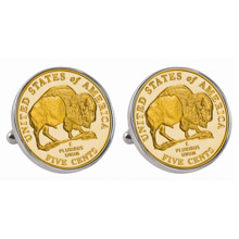 Gold-Layered Westward Journey 2005 Bison Jefferson Nickel Silvertone Bezel Cuff Links