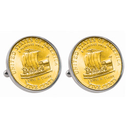 Gold-Layered Westward Journey 2004 Keelboat Jefferson Nickel Silvertone Bezel Cuff Links