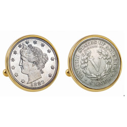 1883 First-Year-of-Issue Liberty Nickel Goldtone Bezel Cuff Links
