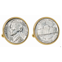 Silver Jefferson Nickel Wartime Nickel Goldtone Bezel Cuff Links